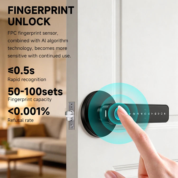 Ttlock Tuya Smart Fingerprint Biometric Door Lock with APP Control Grade C Lever Cylinder for Wood Door